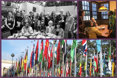 [ai] A collage featuring three images: a large group of people at a dinner event, a gathering at a table inside a room, and a row of international flags displayed outdoors.